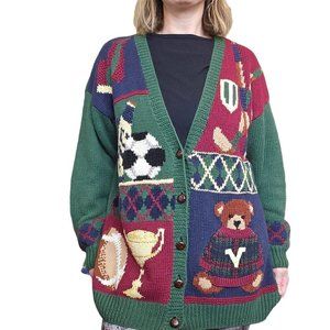 90s‎ Teddy Bear Cardigan Sweater Sports M/L Handknit Football Soccer Cheerleader